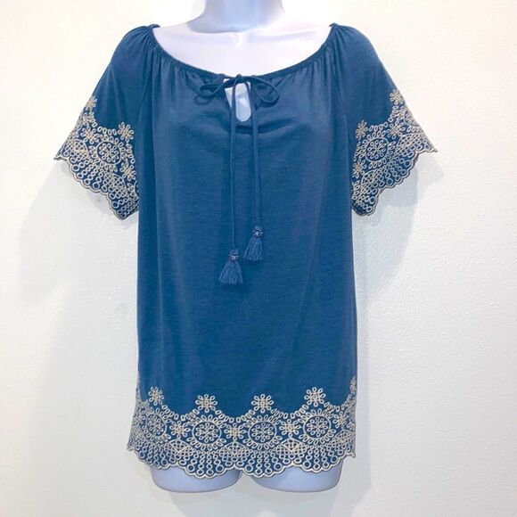 Adrianna Papell Tie Neck Embroidered Hem Top Blue - Picture 1 of 11